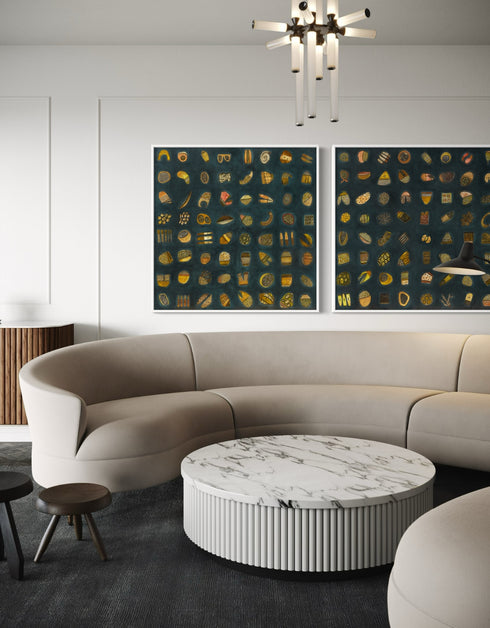 Abstract diptych featuring a charcoal background with deep green and blue undertones, adorned with 64 detailed objects and gold accents.